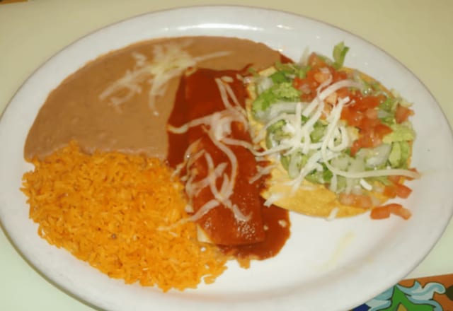 One Guacamole Tostada & One Beef Enchilada.