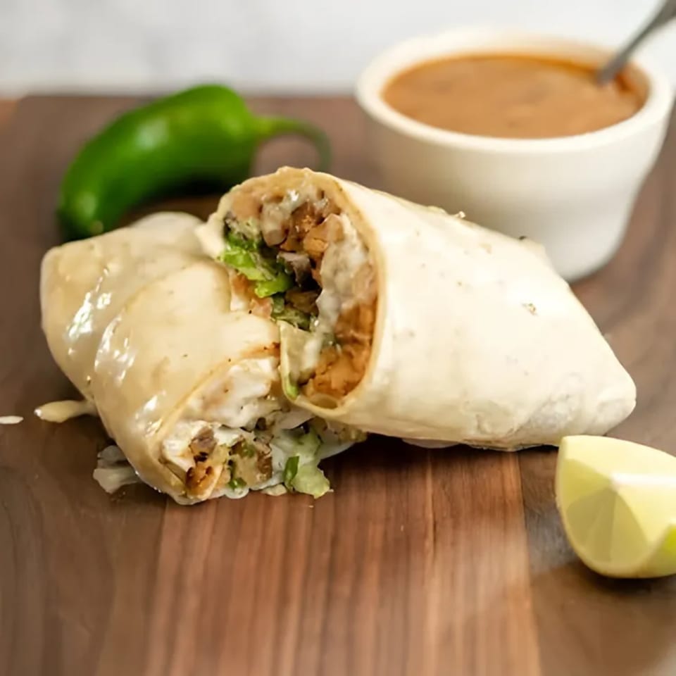 A Pedros Tacos & Tequila burrito, cut in half, with a side of sauce, jalapeño, and lime.